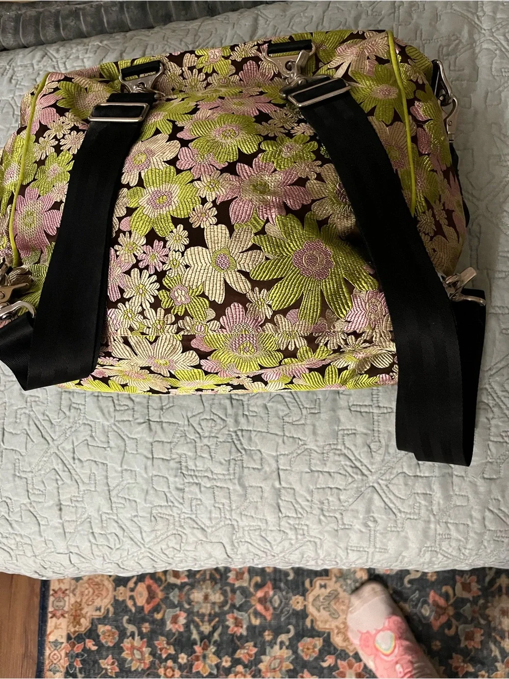 Petunia Pickle Bottom Floral Jacquard Baby Bag in Brown, Pink & Lime